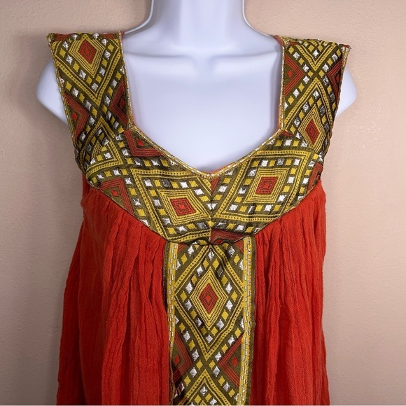 MEDIUM BOHO TRIBAL TOP WOMENS TUNIC TOP ORANGE GOLD EMBROIDERED - Picture 6 of 7